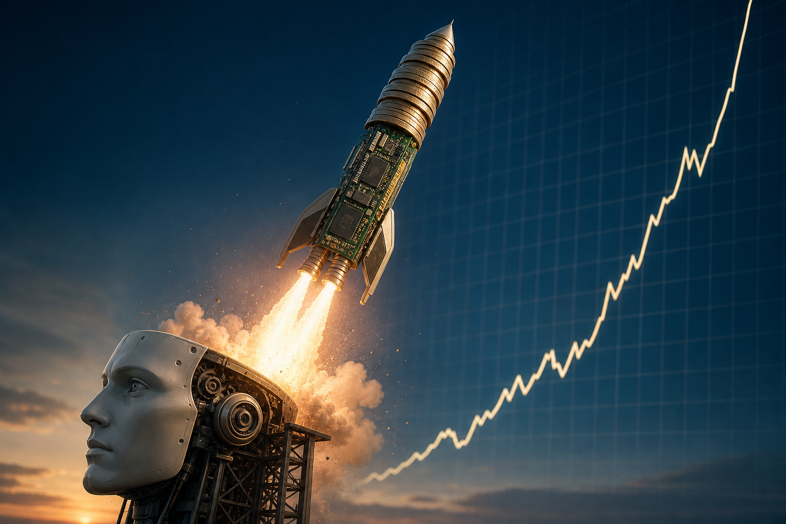 A rocket built from stacked coins and circuit boards launching off a robot-shaped pad against a steep valuation curve