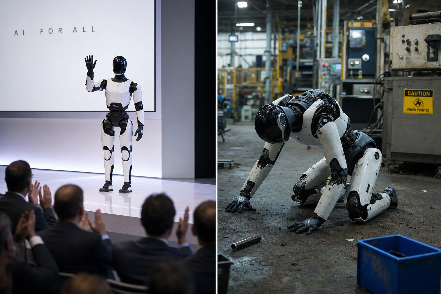 A polished showroom robot demo on the left contrasted with the same robot struggling on a gritty factory floor on the right