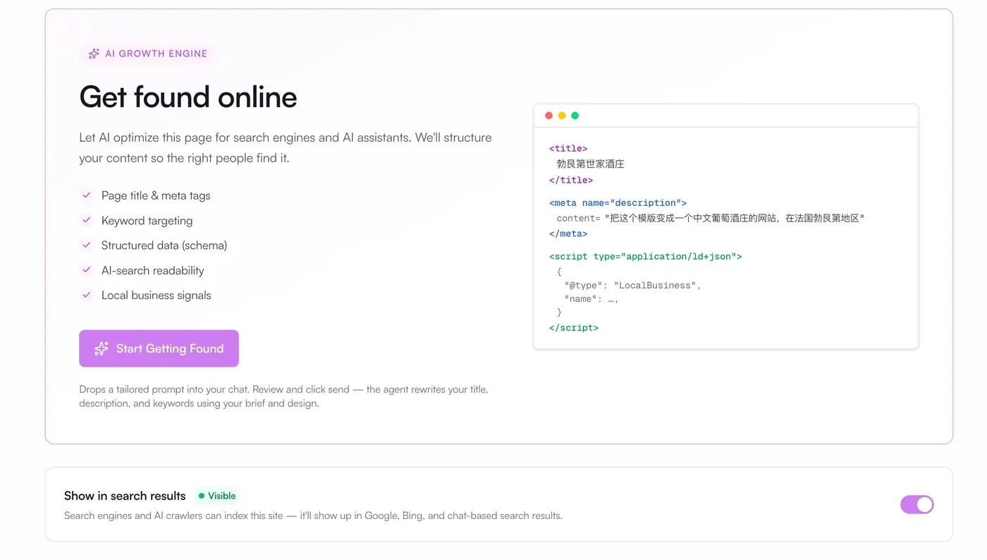 The Lokuma SEO panel (AI Growth Engine) showing page title and meta tags, keyword targeting, structured-data schema, AI-search readability, and local business signals, with a live code preview and a Show in search results toggle